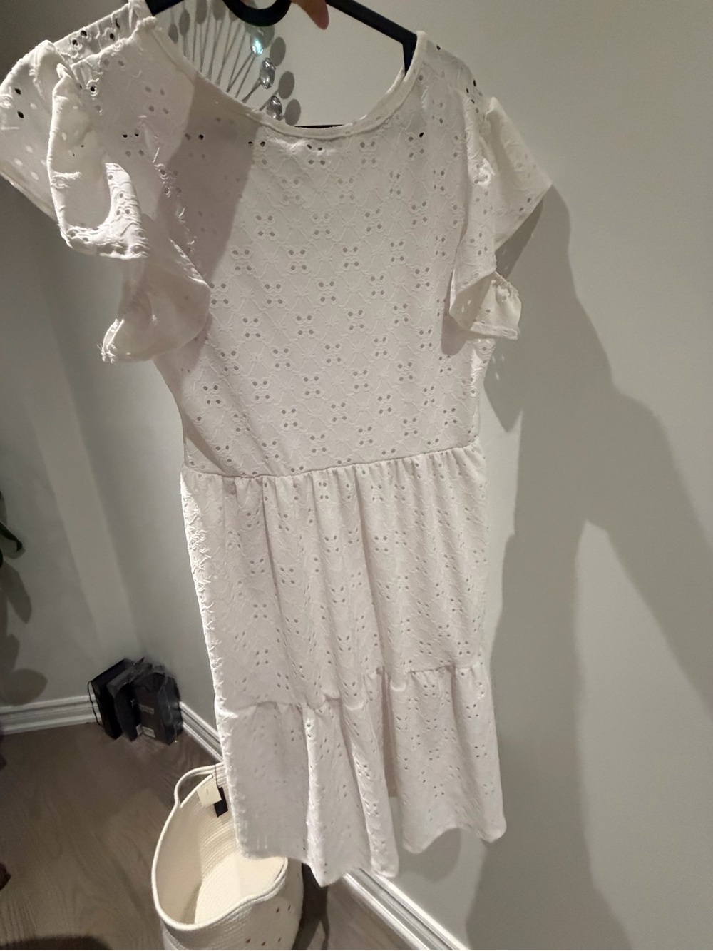 White Eyelet Tiered Mini Dress with Flutter Sleeves - Picture 3 of 4